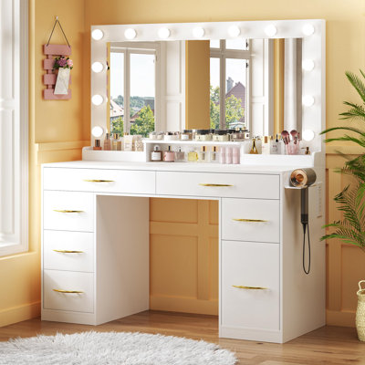 Large Size Makeup Vanity With Lights, Built-in Outlet, 7 Drawers by Latitude Run