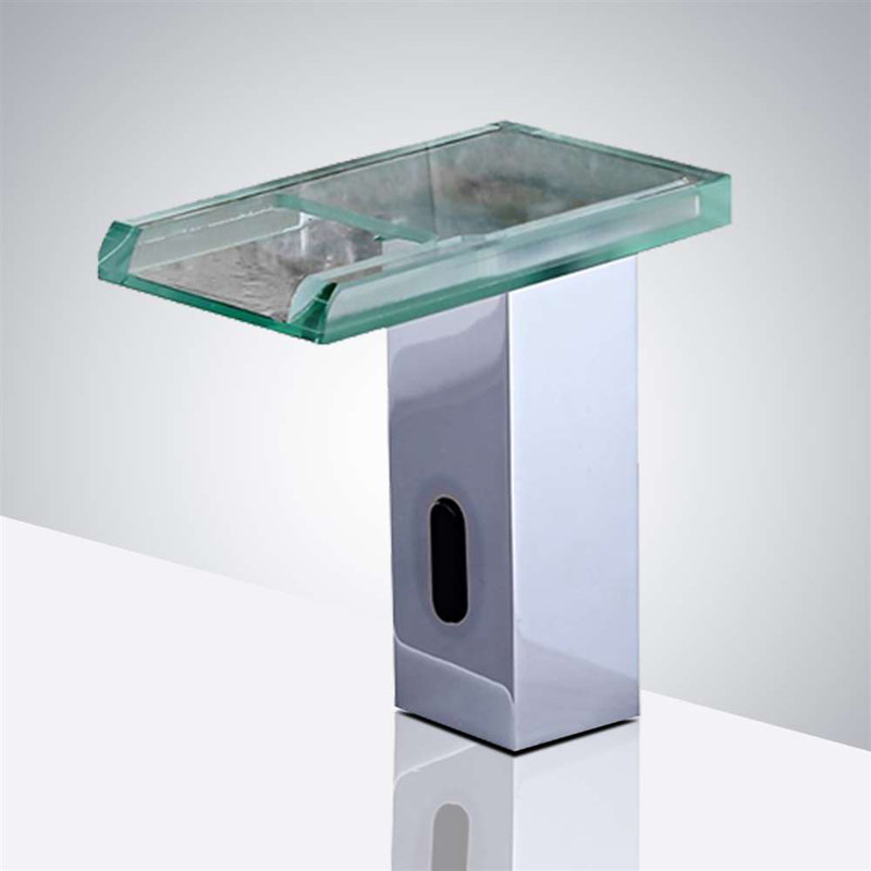 BathSelect Water Powered Chrome Finish LED Motion Sensor Waterfall Commercial Automatic Faucet