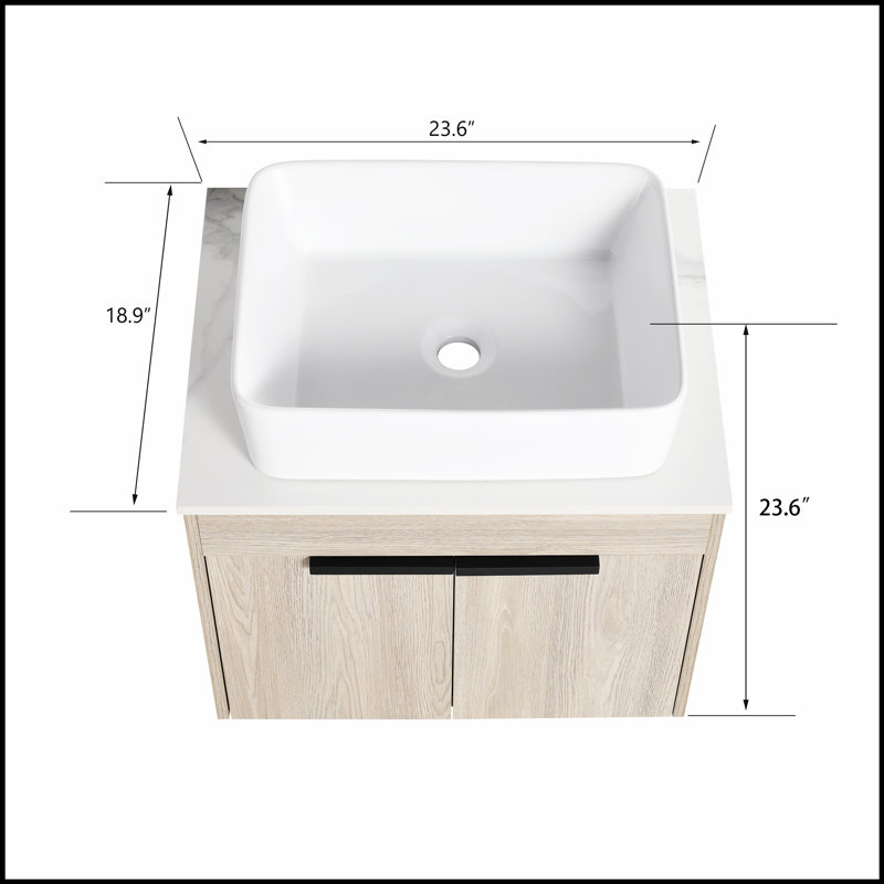 Meuble-lavabo mural moderne en chêne blanc avec lavabo en céramique, rangement spacieux et esthétique épurée pour les salles de bain contemporaines