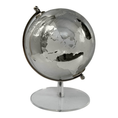 Modern Glass Globe with Metal Base for Home Decor - Decorative Objects World Accent for Living Room Shelf or Table Decorations - 11", Silver & Clear