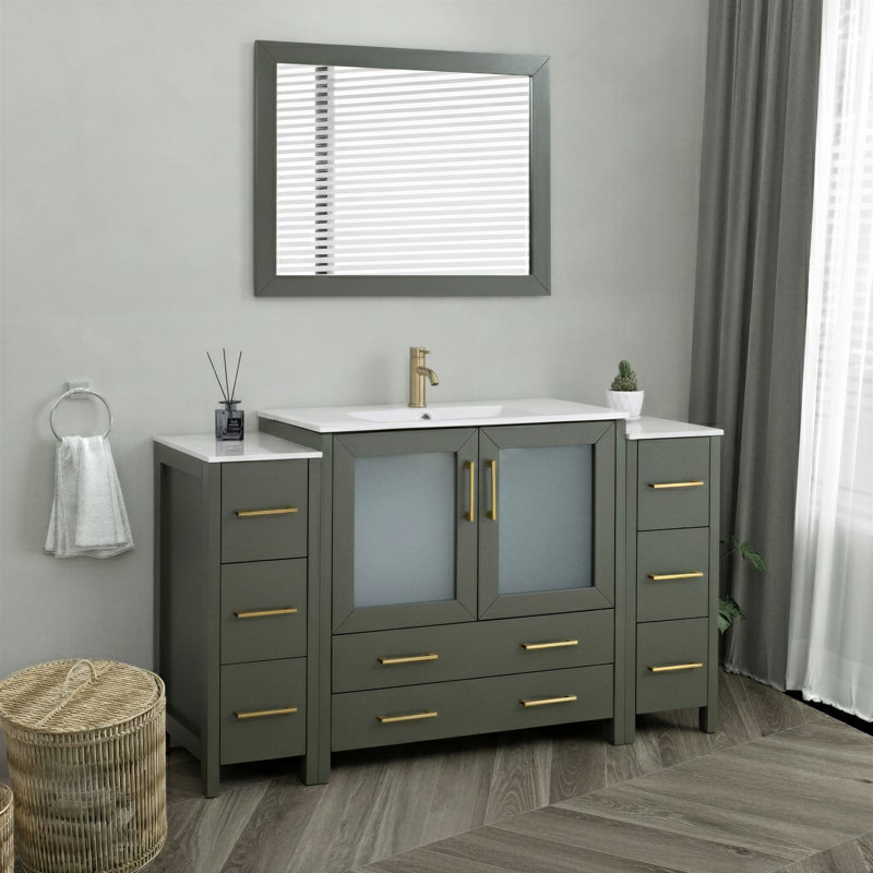 60" Single Bathroom Vanity with Top with Mirror, Vintage Green/Brushed Gold