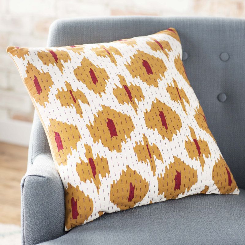 Oreiller 100% coton Kantha, 22 po x 22 po, Orange vif / cerise / aubergine / ivoire, Mélange de duvet