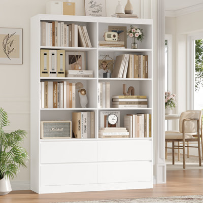 70.9"H X 47.2"W Wood Double 4-Tier Bookcase With 4 Storage Drawers