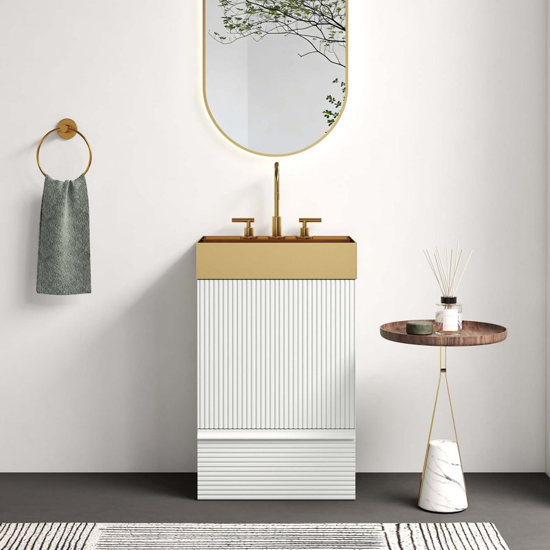 Meuble-lavabo moderne à rayures avec lavabo en métal intégré, Blanc mat