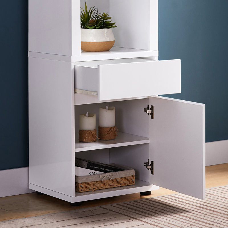 White Display Cabinet With Three Glass Shelves, One Shelves Bottom And A Drawer Metal Glides Modern Style Two Max 10lb Shelf Weight Capacity