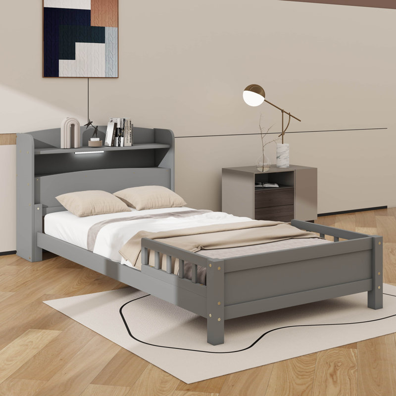 Lit plateforme avec tête de lit bibliothèque et capteur, Grey, Simple