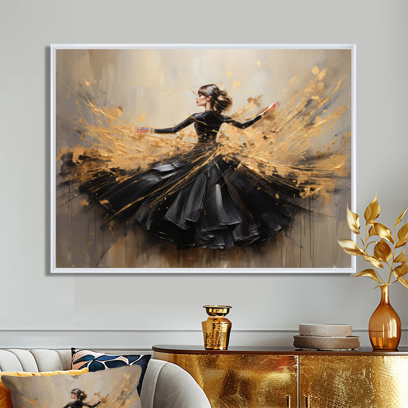 Gold and Black Dance Splash II - Danse, reproduction d'art encadrée, H 16 po x l 32 po x P 1 po, Cadre noir
