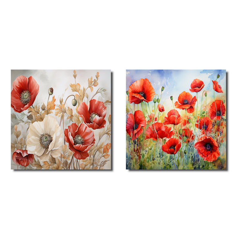 Poppies Charm In Winter Delight - Ensemble de 2 collages carrés coquelicots, Toile tendue, H 16 po x l 33 po