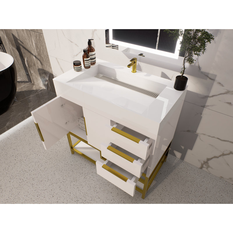 Ensemble de meuble-lavabo 30 po avec lavabo en acrylique - Armoire de rangement en bois massif avec porte à fermeture douce et 3 tiroirs