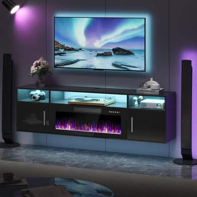 Meuble télé avec foyer noir - foyer de 36 po avec DEL, centre de divertissement mural en bois moderne de 70 po avec armoire ultrabrillante pour téléviseur de 80 po ou moins