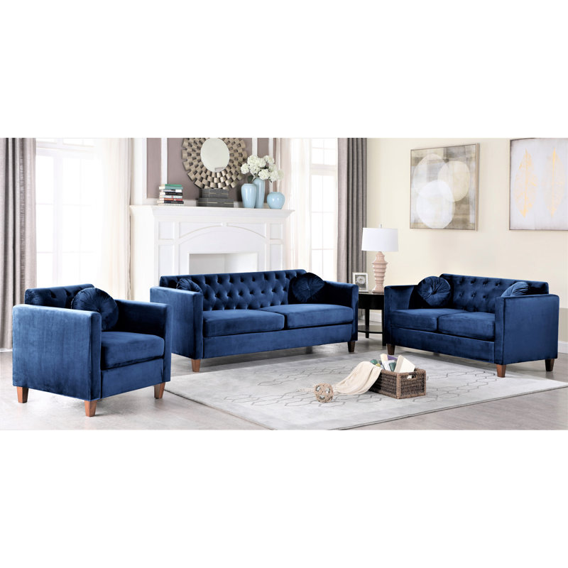 Ensemble de salon en velours 2 pièces Prady, Velours bleu foncé