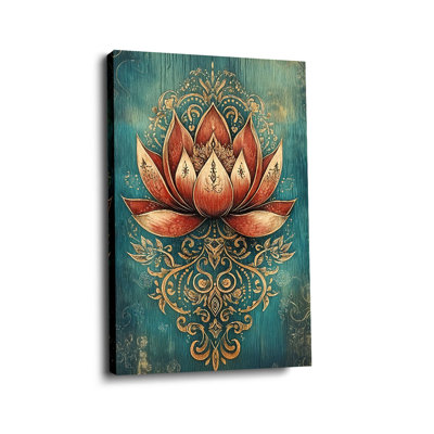 Bohemian “Ornate Lotus with Gold Filigree on Teal Wood” Lotus Mandala Canvas Wall Art Stretched Frame for Cozy Studio
