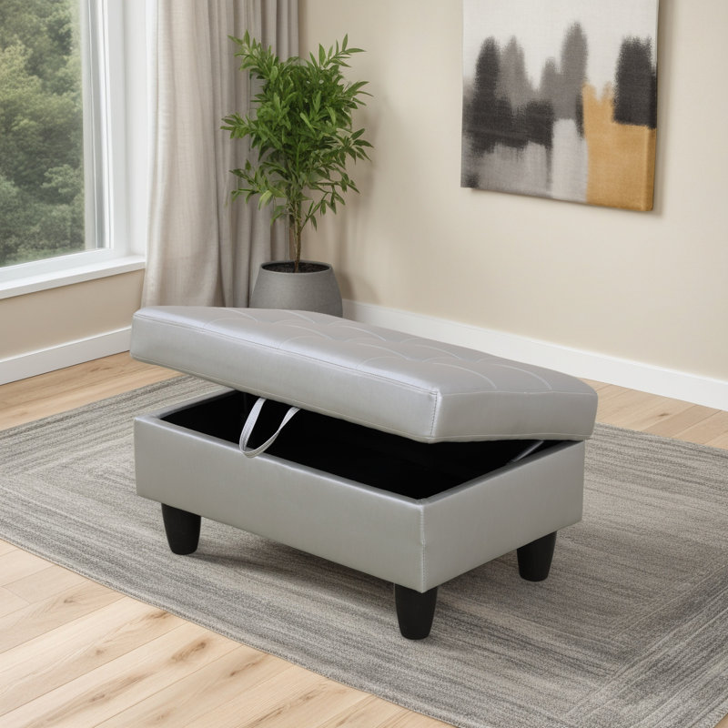 Faux Leather Ottoman, Black, Silver Faux Leather
