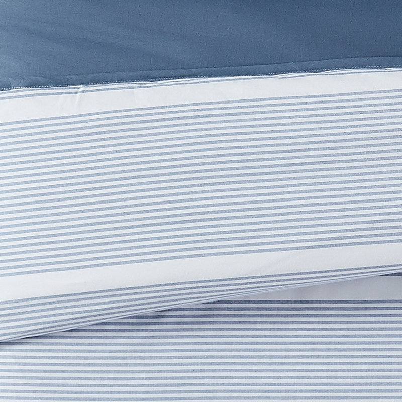 Niari Yarn Dye Stripe Cotton Box Stitch Striped Comforter, Full / Queen Comforter + 2 Queen Sham, Blue