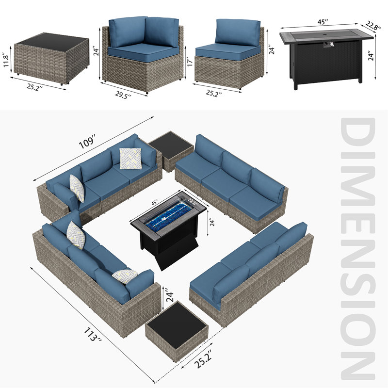 Ensemble de patio extérieur en osier pour 12 personnes avec coussins et foyer, Marine, Bois naturel
