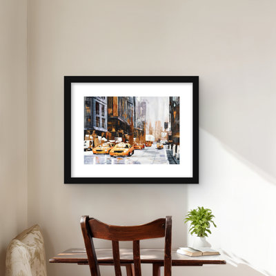 Big City Street with Yellow Taxi - Contemporary Framed Print