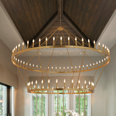 Lustre 98 pouces en roue de chariot en or, lustre campagnard à 88 niveaux à 2 niveaux, très grand luminaire rond pour vestibule d'escalier