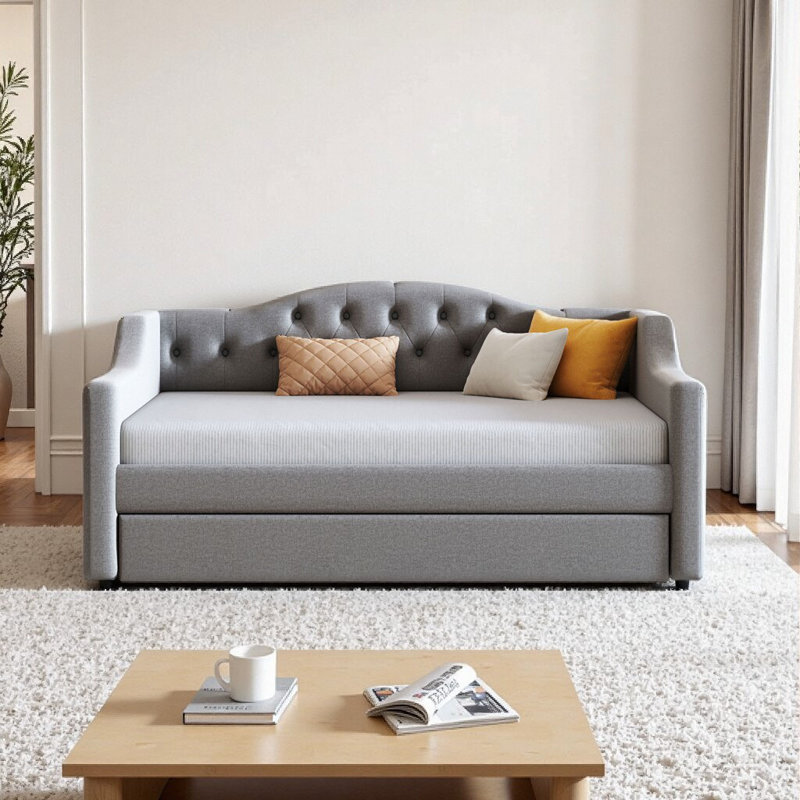 Upholstered Full XL Daybed with LED Lights, Trundle Storage & Wood Frame - Gray, Gray, Full XL