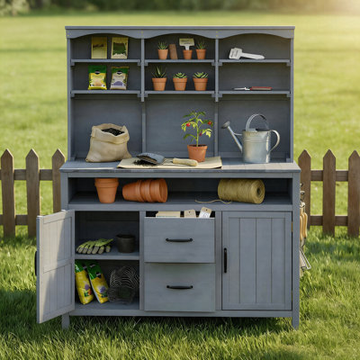 Grand banc de rempotage extérieur, poste de travail de jardin en bois de sapin massif de 45,3 po avec tablettes, armoires, tiroirs et crochets pour îlot de cuisine