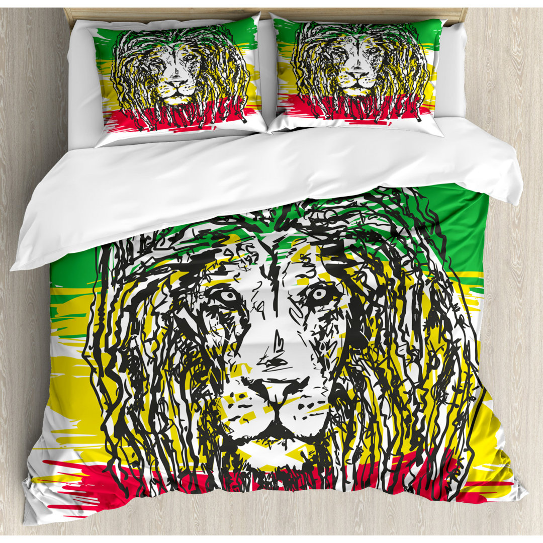 Bettbezug Set, Hair Style Lion Portrait, Rasta, Grün Gelb Rot