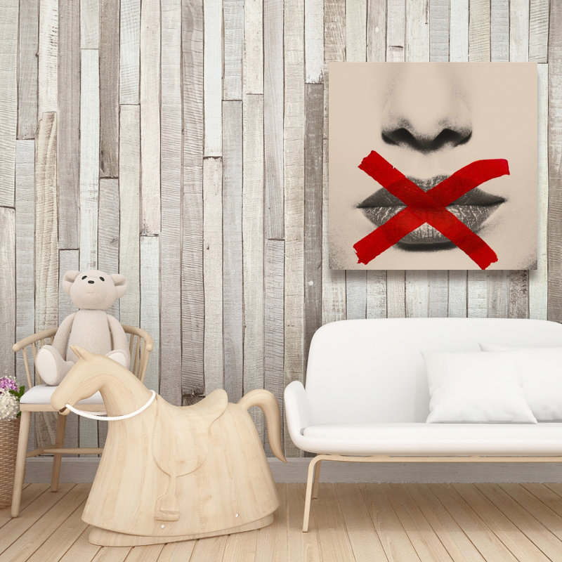 Grayscale Lips with Red X | Beige Living Room Canvas Decor