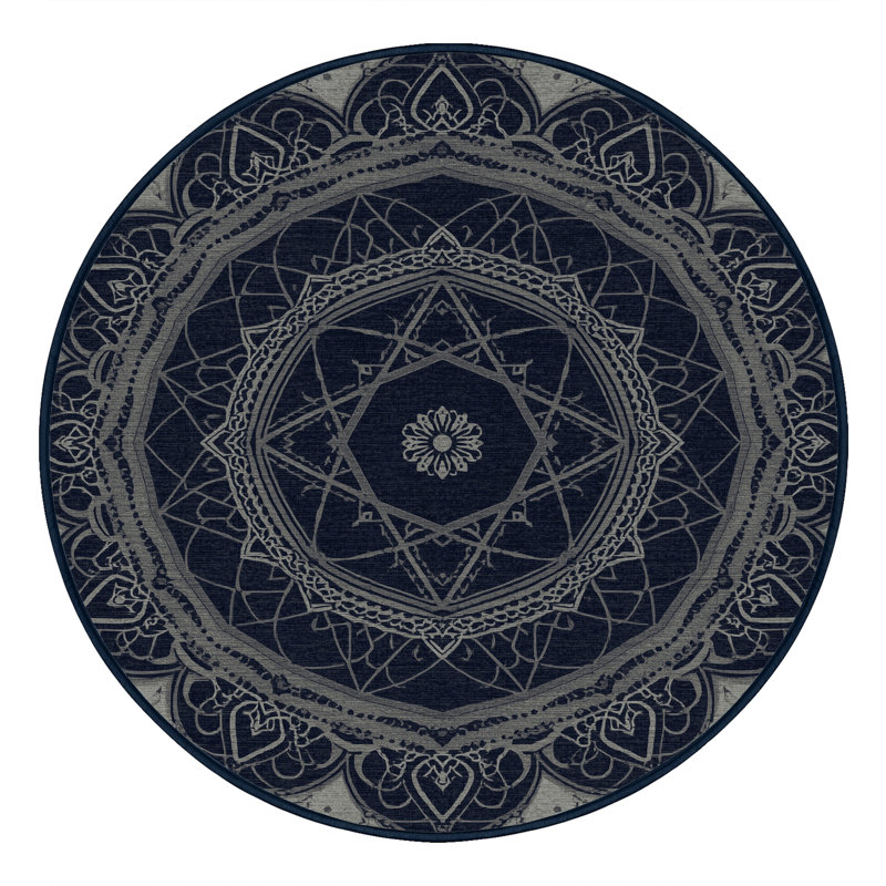 Soft Plush Eberhard Global Inspired Geometric Shapes Area Rug in Gray – Navy Binding, 7' Round