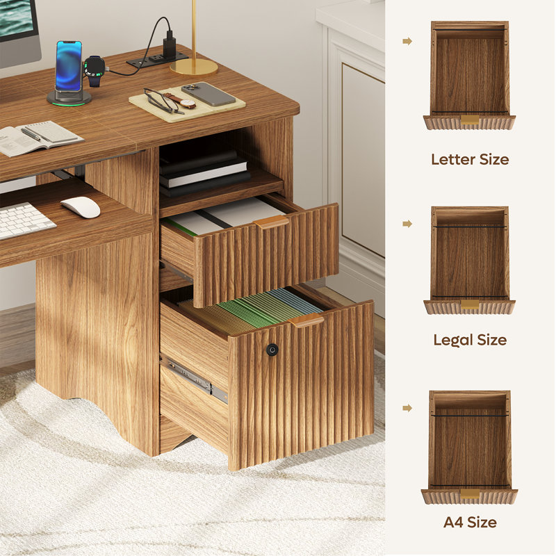 Neeru 55Inch Fluted Executive Desk with Fingerprint Lock, Modern Computer Writing Desks with Power Outlet, Home Office Desk with Keyboard Tray and Open Storage Compartment