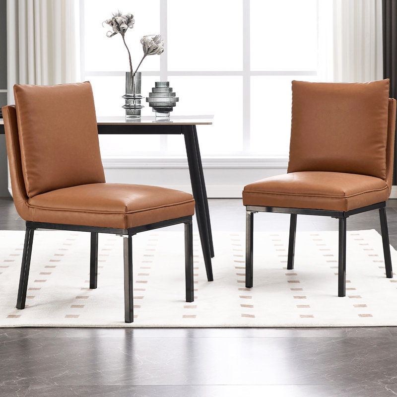 Flaux Leather Upholstered Metal Dining Chairs (Set of 2), Brown, Black