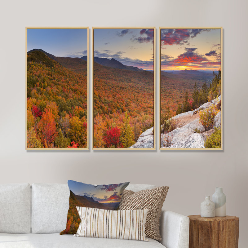 Endless Forêts in Fall Panorama - Ensemble de 3 reproductions sur toile, H 28 po x l 36 po x P 1 po, Cadre brun