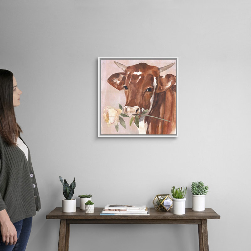 Peony Cow I, art mural sur toile, H 22 po x l 22 po x P 2 po, Toile avec cadre blanc