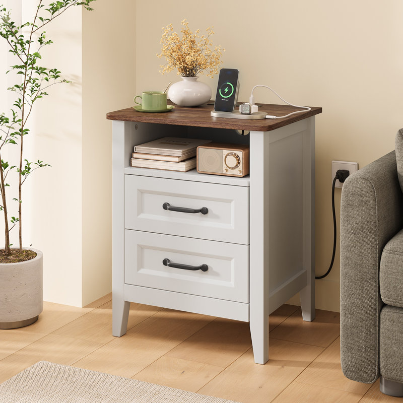 Table de chevet de 17 po de largeur avec station de charge, 2 tiroirs et rangement ouvert, Blanc