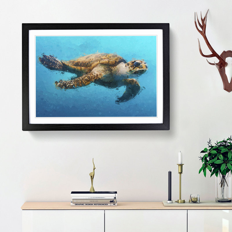 Swimming Sea Turtle in Abstract - Picture Frame Graphic Art Print, 48cm H x 65cm W x 2cm D, Black Framed
