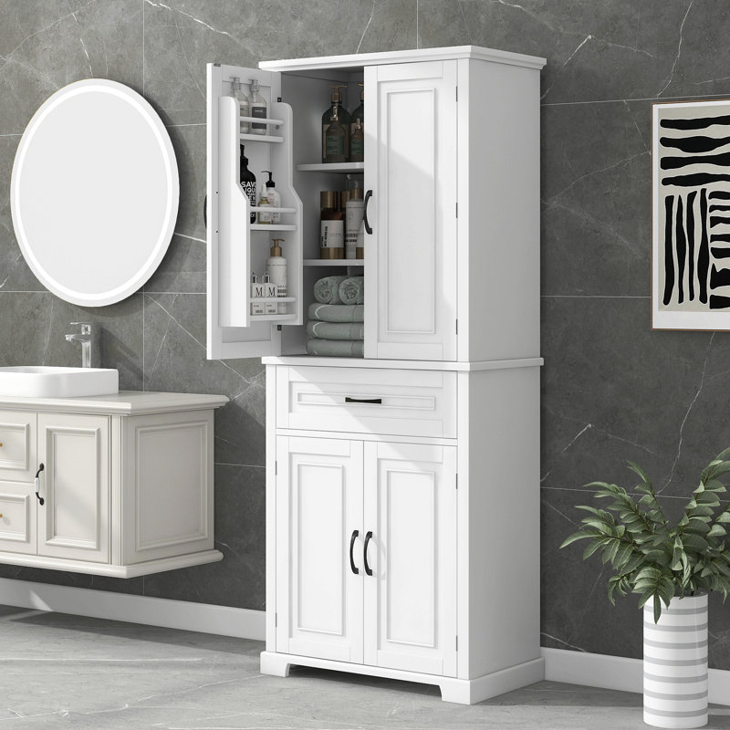 Bathroom Storage Cabinet With Doors And Drawer, Multiple Storage Space, Adjustable Shelf, White