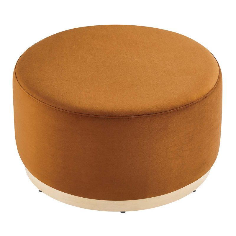 Tilden Large Round Rust Velvet Upholstered Ottoman with Rubberwood Base