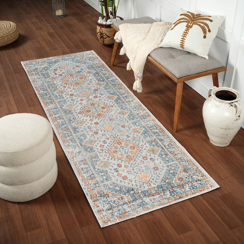 Machine Washable Brown/Blue, Runner 80 x 220cm