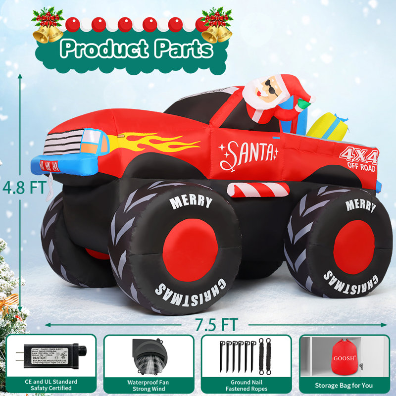 Père Noël gonflable de Noël 7,5 pi de long conduisant un camion avec des cadeaux