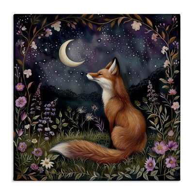 «Woodland Fox Night Forest», art mural sur toile par The Dutch Lady