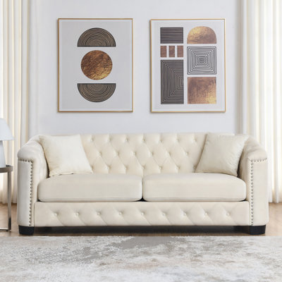 77" Chesterfield Velvet Sofa, 3-Seater Sofa, Upholstetufted Backrests With Nailhead Arms And 2 Cushions, Bedroom, Apartment, Office