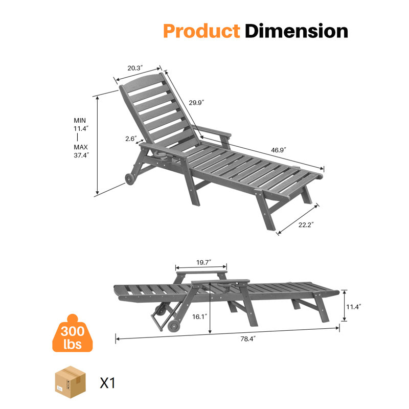SeeHill HDPE Patio Chaise Lounge Chair, Adjustable Outdoor Lounger, 5 Positions Poly Lounge Chair with Wheels & Cup Holder, HDPE Outdoor Patio Lounge Chairs for Backyard, Deck, Beach, Pearl