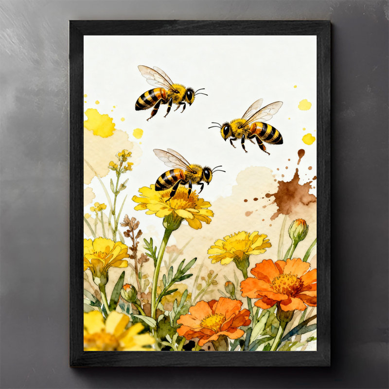 Les abeilles rétro encadrées noires sont actifs dans les fleurs et les plantes, reproductions d'art encadrées de style rétro