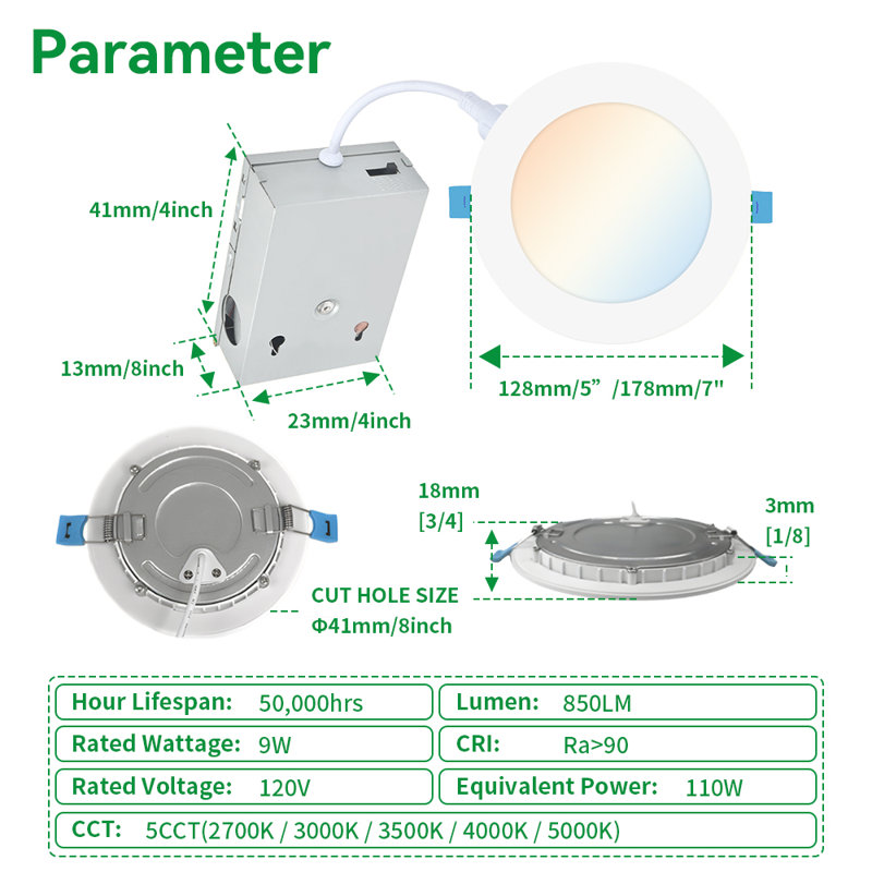 Luminaire à DEL encastré 4 pouces, 9 W ultra mince, 5ct sélectionnable, à intensité variable, ensemble de 6