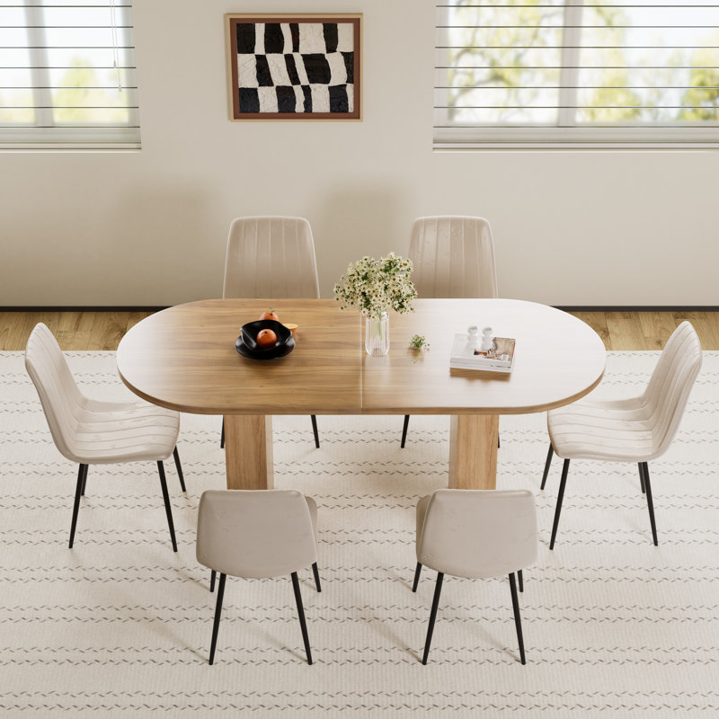 Ensemble de table de salle à manger Mid-Century, 7 pièces : table, 6 chaises, Chêne, Beige