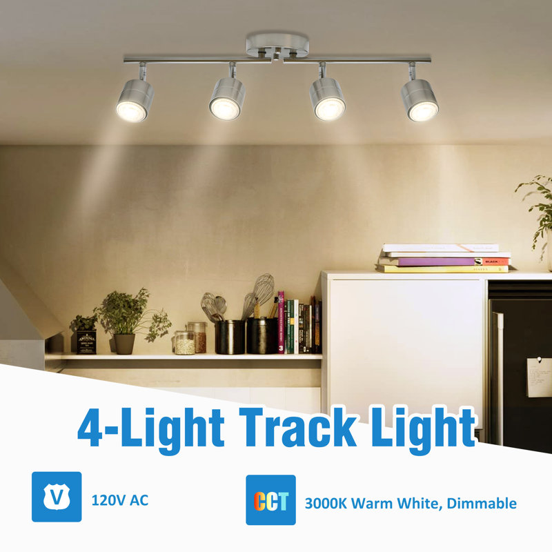 4-Light Track Light, Brushed Nickel Fixed Track Rail with Cylinder Head and Gu10 Bulb