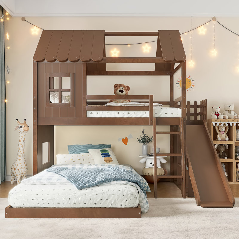 House Bunk Bed With Ladders, Slides, Storage Shelves, And Wardrobe, Playhouse Design For Kids' Rooms, Antique Natural