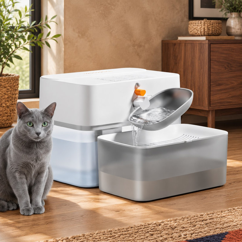 Fontaine à eau automatique sans filtre pour chats, avec séparation des eaux usées et mode capteur.