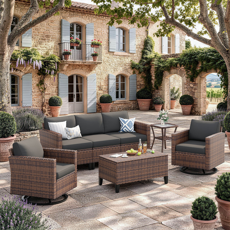 Ensemble de conversation de patio pour 5 personnes avec table basse de rangement - structure en acier galvanisé, rotin PE, coussins à séchage rapide de 4 po