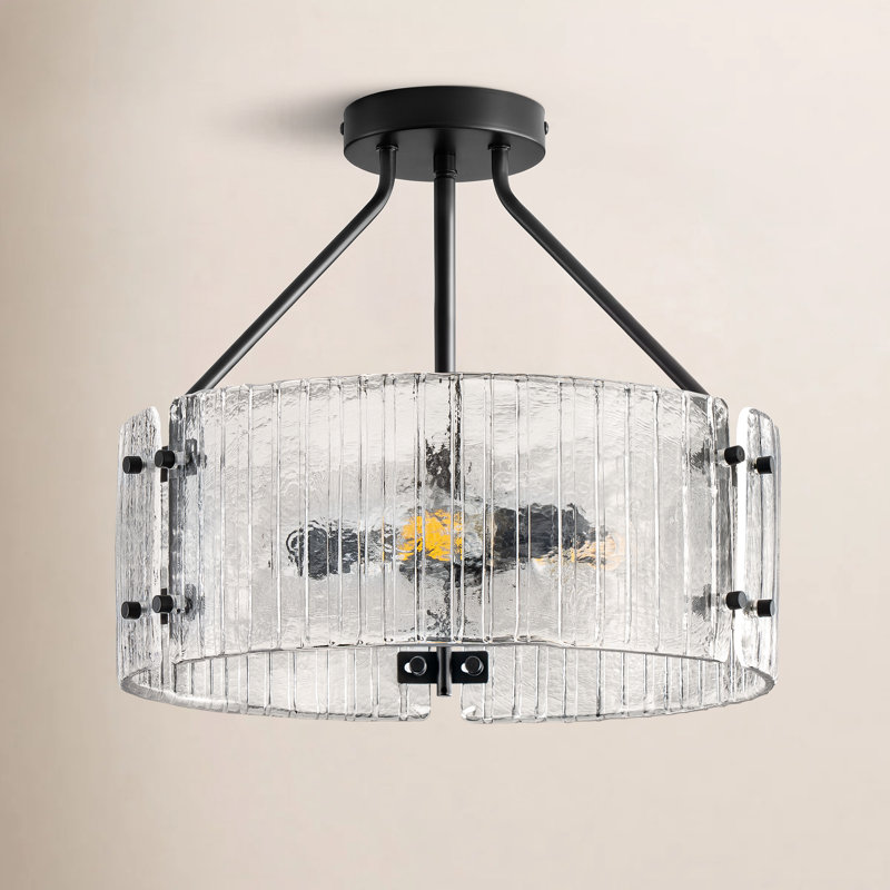 Plafonnier semi-encastré moderne noir mat de 15 pouces, lampe de plafond cylindrique en verre transparent côtelé à 3 lumières