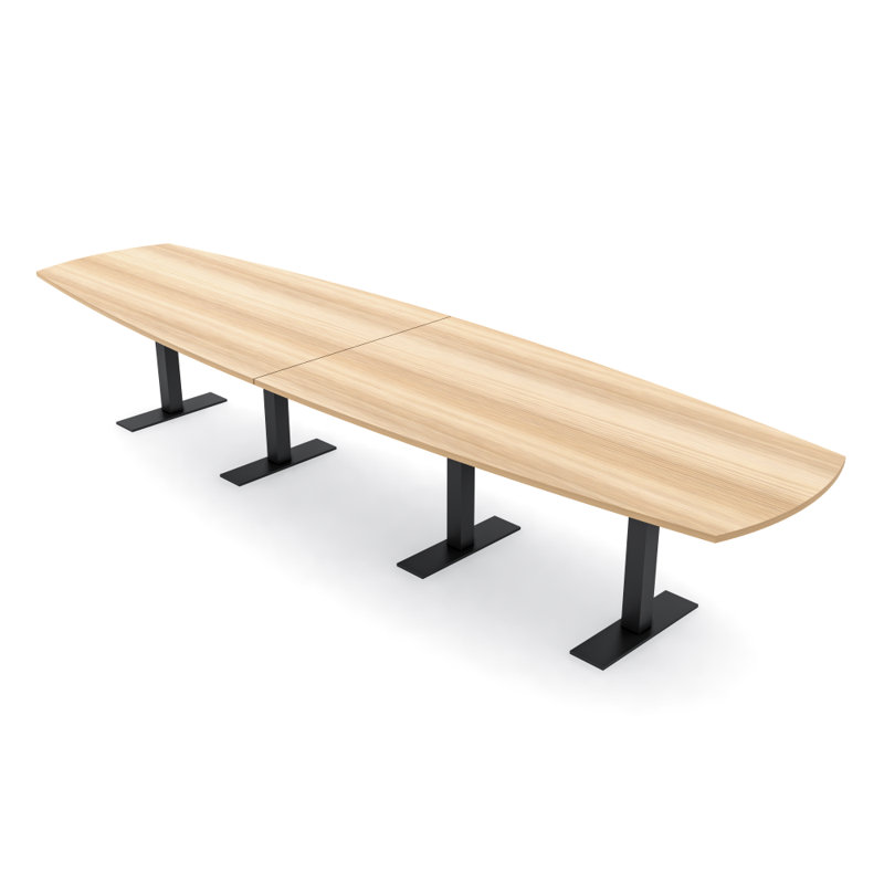 Table de conférence Pavert Arc Boat avec base en T en métal, H 30 po x l 168 po x P 48 po, Blond blond cendré, Noir mat