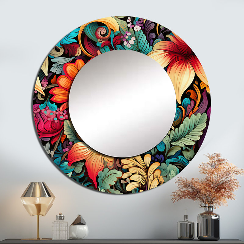 Rositta Tropical Tapestries Boho Pattern - Floral Mirror, Cottage Unique Wall Mirror, Printed Metal Art, 23" x 23", Round
