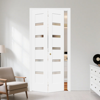 Porte pliante en bois blanc avec petit noyau en verre givré 5 pièces avec quincaillerie d'installation